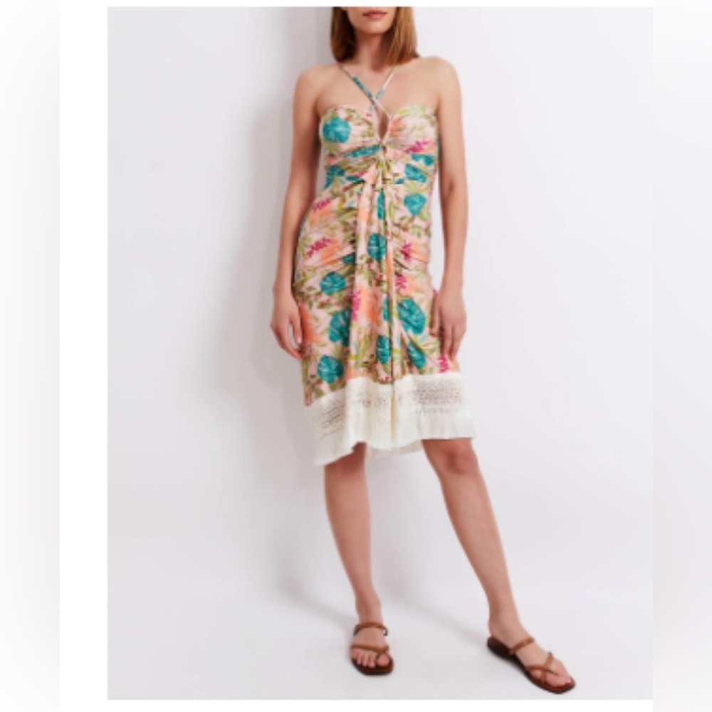 PatBO Peach Strapless Dress with Multicolor Tie Detail